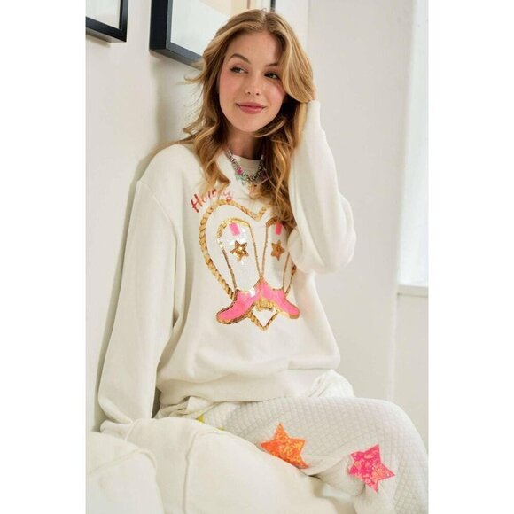 Cowgirl Rope Print With Sequin Boots Sweater - Picture 4 of 15